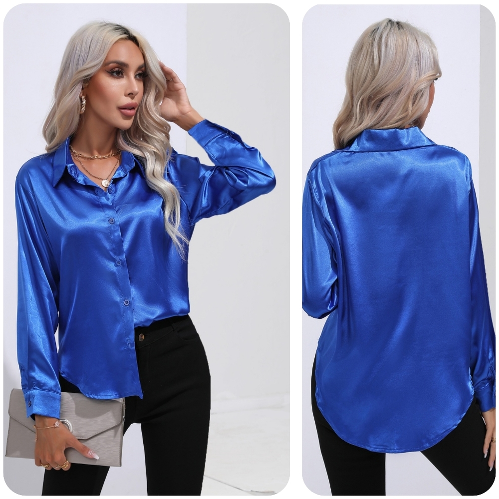 Blue Collared Neck Buttoned Long Sleeve Shirt